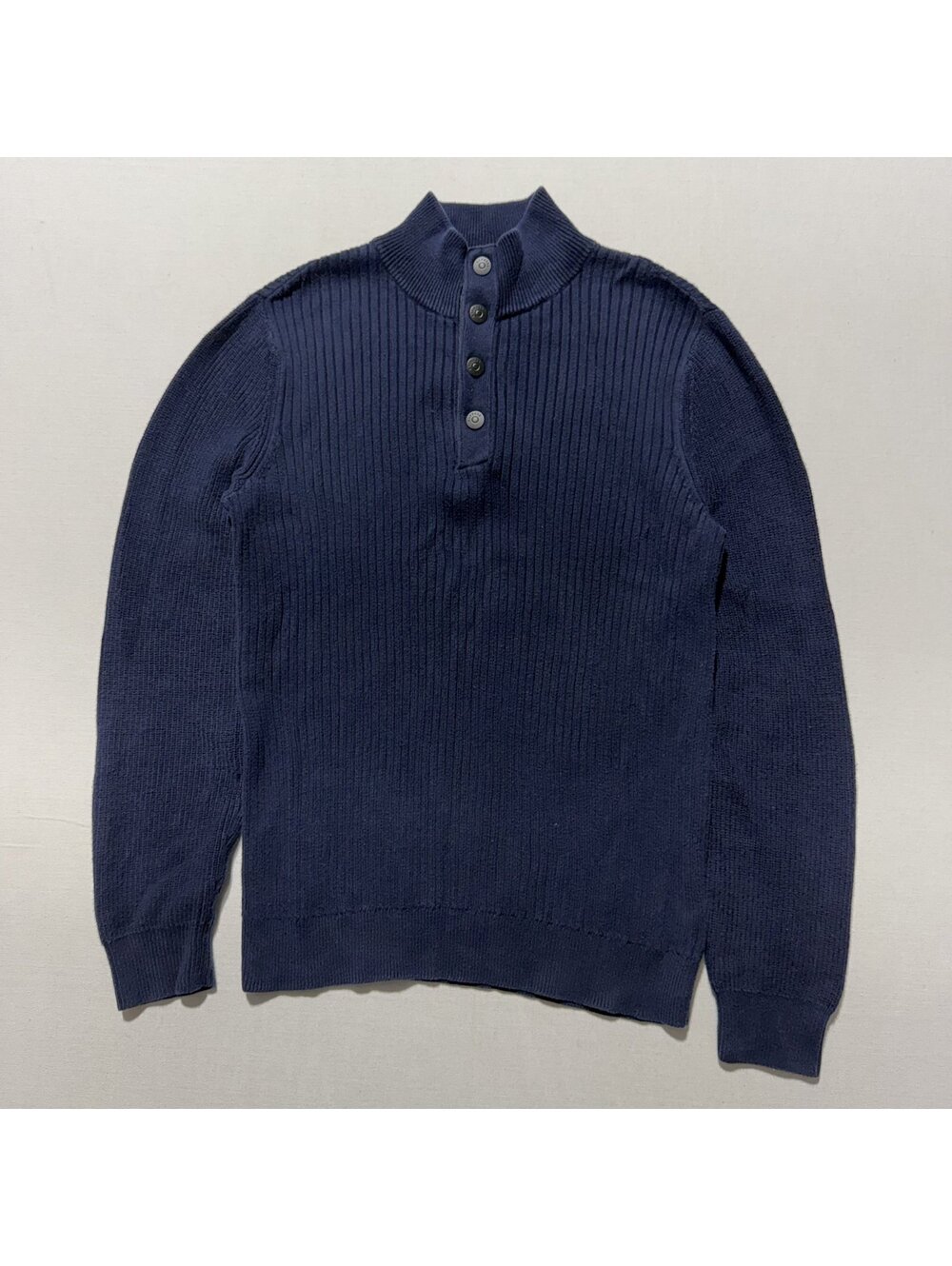 Express Navy Blue Ribbed Knit Quarter Button Mock Neck Sweater